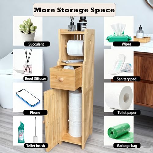 Bamboo Free Standing Toilet Paper Holder with Storage Drawer & Shelf, Slim Narrow Cabinet for Small Bathroom, Wipes Storage(Natural)