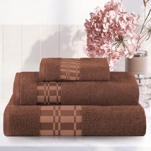 Superior 3-Piece Cotton Towel Set, Geometric Design, Dobby Border, Plush Quick Dry Towels, Decorative Bathroom, Spa, Includes 1 Bath, 1 Hand, 1 Face Towel/Washcloth, Larissa Collection, Chocolate - color: Chocolate, size: 3 Piece Towel Set
