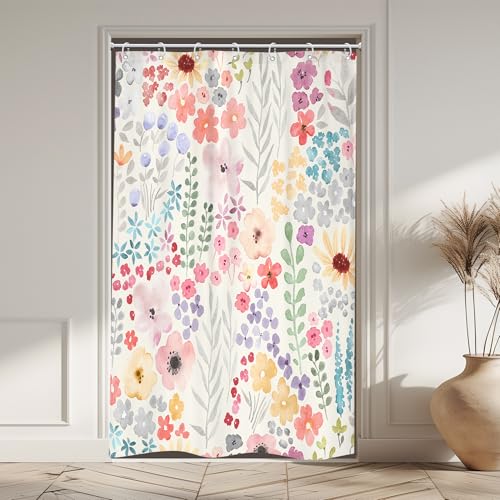 Riyidecor Small Stall Narrow Shower Curtain for Bathroom Decor 48Wx72H Floral Watercolor Cute Plants Spring Girly Women Colorful Boho Art Printed Fabric Polyester Waterproof 8 Pack Plastic Hook - color: A-pink, size: 48"W x 72"L (Pack of 1)