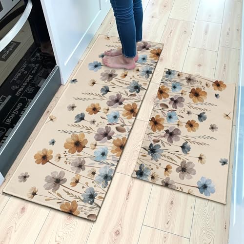 Florals Rugs for Kitchen Floor 2 Pcs Vintage Watercolor Flowers Washable Runner Rug Non Slip 17"x47"+17"x30", Spring Wildflower Comfort Kitchen Floor Mat for Bathroom Laundry Office Decor - color: Watercolor Flowers