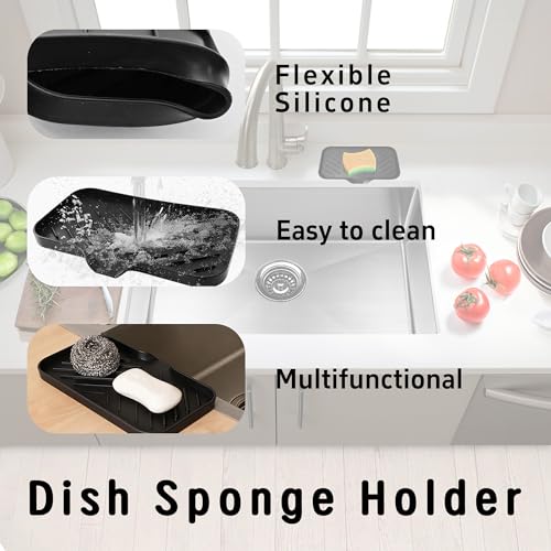9.4” x 5.9” Silicone Soap Dish with Self-Draining Spout, Multi-Purpose Kitchen Bathroom Sink Organizer Tray for Bar Soap, Sponge, Dispenser Bottle Counter Storage, Black - color: Black, size: 9.4” x 5.9”