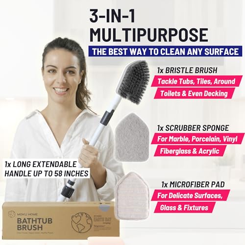 Moku Home Shower Scrubber 3 in 1 Extendable Long Handle 58" Cleaning Brush | Non-Scratch Bathroom Scrubber for Tub, Tile, Shower, Kitchen, Toilet, Sink, Wall & Floor; Telescopic Shower Cleaning Brush - color: Gray