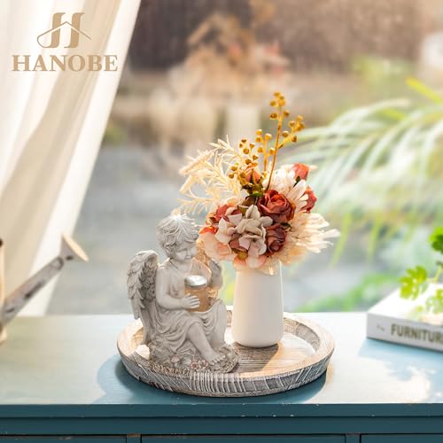 Hanobe Decorative Tray for Coffee Table: Round Candle Plate Holder Centerpieces for Dining Room Kitchen - Wooden Farmhouse Tray Vintage Home Decor - color: White Washed