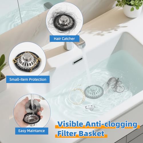 Universal Bathtub Drain Stopper, Brass Metal Shower Hair Catcher, Brushed Nickel | 3 in 1 Bathroom Sink Strainer with Visible Top Filter, Tub Stopper for Standard 1.1''~2.36'' Sink Hole - color: Brushed Nickel