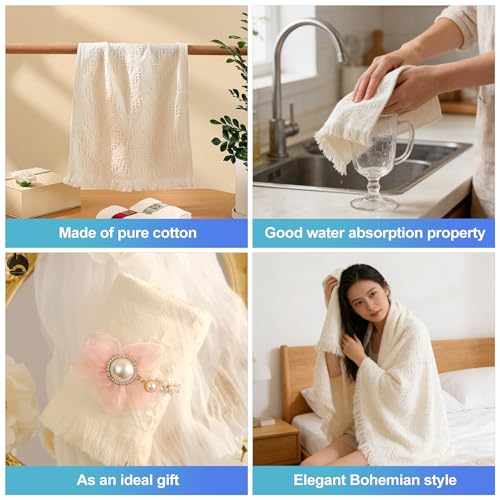 CoguZed 2 Pack Hand Towels for Bathroom 27.5x14 Inch Boho 100% Turkish Cotton Absorbent Soft Decorative Face Towel Set for Guest Bathroom Kitchen Farmhouse Decor Cream White