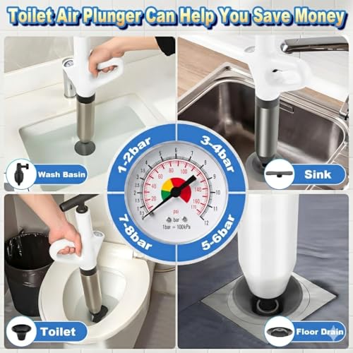 Toilet Plunger,High Pressure Toilet Plunger Heavy Duty,Toilet Auger Air Drain Blaster with Pressure Gauge,Toilet Unclogger for Bathroom and Plumbing Clogs - color: White