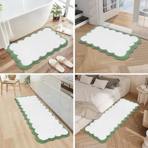 Pauwer Bathroom Rug Sets 3 Piece, Scalloped Bath Rugs, White and Green | Non Slip Washable Bath Mat With U-Shaped Toilet Rug, Extra Absorbent Quick Dry, For Floor Sink - color: White and Green