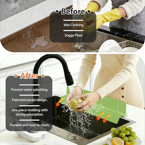 18Inch Sink Splash Guard – Extended Length & Tall Silicone Kitchen Sink Splash Guard with Overhang Drainage Design & Strong Suction Cups for Countertop(Green, 18''x3.5'') - color: Green, size: 18''x3.5''
