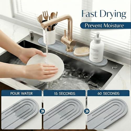 Stone Faucet Mat for Kitchen Sink, Diatomite Fast Drying Stone Tray, Quick Dry Water Absorb Faucet Mat, Sink Splash Guard for Kitchen Bathroom Counter(Light Gray, 23.6"X3.9")