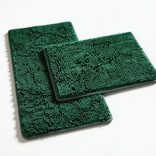 2 Piece Bath Rugs for Bathroom Non Slip - Soft Plush Shaggy Mats Floor, Indoor Entryway Extra Soft Chenille Bath Mat Absorbent Bathroom Rug（Dark Green） - color: Dark Green, size: 32"L x 20"W + 24"L x 16"W