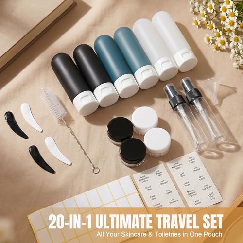 DEWSENSI 20 Pack Travel Bottles Set for Toiletries TSA Approved Leak Proof Travel Size Containers Kit Portable Refillable Travel Accessories for Shampoo Conditioner Lotion Liquids (Dark Color) - color: dark blue & black & white