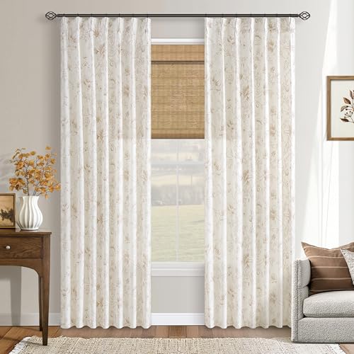Beige Tan Floral Linen Curtains 84 Inches Length for Living Dining Room Farmhouse Country Boho Light Filtering Coffee Botanical Curtain Memory Trained Pinch Pleated Flower Patterned Drapes 84 Inch - color: Coffee, size: 40"W x 84"L (Pack of 2)