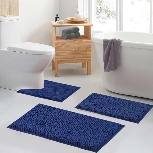 Non Slip Washable 2 Piece Extra Absorbent Shaggy Chenille Bathroom Rugs and Mats Sets, Soft & Dry Bath Rug/Mat Sets for Bathroom Washable Carpets Set Navy Blue Blue - color: Navy Blue, size: 32"L x 20"W + 24"L x 16"W