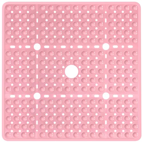 Large Square Shower Mat 27 x 27 Inch Pink, Non Slip Shower Bathtub Mats for Inside Shower with Big Suction Cups Drain Holes, Anti Slip Bathroom Floor Shower Stall Mats, Easy Clean, BPA-Free - color: Pink