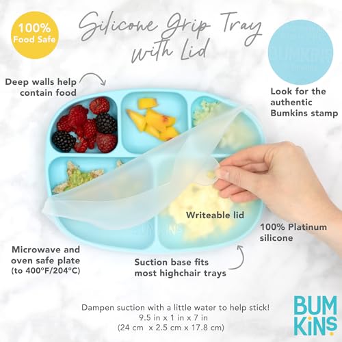 Bumkins Toddler and Baby Suction Plate, Silicone Divided Grip Dish and Lid, Large 5-Section Tray for Kids, Essentials in Children Feeding Supplies, Non Skid Stick Bottom, for Ages 6 Months Up, Marble - color: B1 Marble-Lg GD Lid