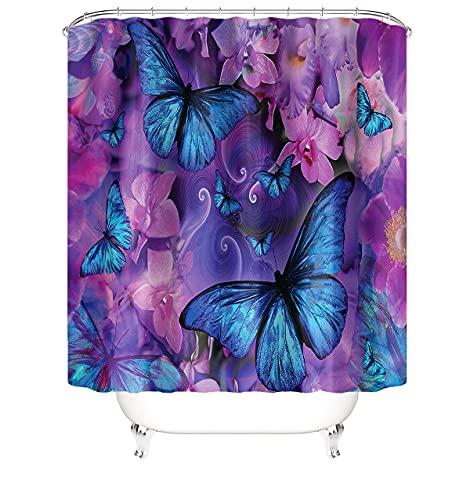 4Pcs Flowers and Butterfly Shower Curtain Set with Non-Slip Rugs and Toilet Lid Cover Cute Animals Floral Fabric Bathroom Decor with Hooks Waterproof Washable 72"x72" Blue Purple - color: Blue Purple