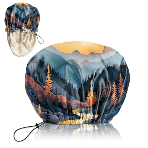Luxury Shower Cap Silk Satin Lined Waterproof Reusable Adjustable Elastic Dry Hair Bathing Caps Cute for Women Girls-Sunset - color: C-12-Sunset