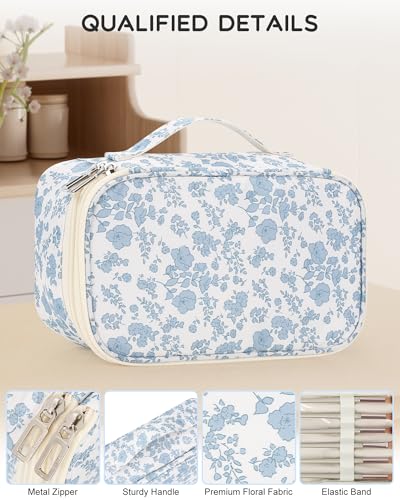 Relavel Travel Makeup Bag, Small Floral Cosmetic Bag with Makeup Brush Compartment, Portable Makeup Pouch for Women, Double Layer Makeup Organizer Bag Cute Toiletry Bag - color: 01-Blue Flower, size: MEDIUM