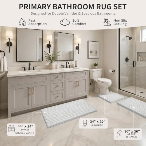 Yimobra Bathroom Rug Set 3 Piece - Super Absorbent Quick Dry Chenille Bath Mats & Toilet Rug, Non Slip Machine Washable, Extra Thick Shaggy Floor Mat for Shower Tub Sink, White - color: White, size: 24"x20" + 30"x20"+ 44"x24"