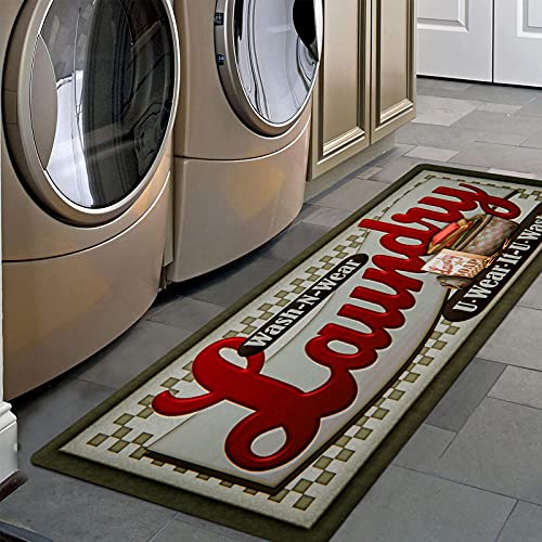 Pauwer Laundry Room Rug Runner 20"x60" Waterproof Rubber Laundry Mat Non Slip Kitchen Mats for Floor Washable Floor Mat Runner Rug for Farmhouse Mudroom Washroom Bathroom Decor - color: Laundry Red, size: 1'8" x 5'