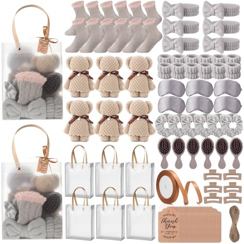 6 Set Spa Gifts Bulk for Women, Sleepover Party Favors Supplies for Bridesmaid Bridal Shower Wedding Guests Baby Shower Birthday Gift with Towels Socks Hair Tie Clip Eye Masks(Light Brown) - color: Light Brown