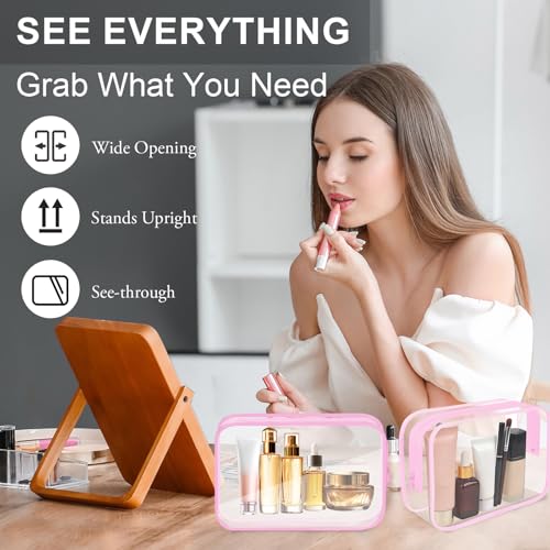 REHALY Clear Toiletry Bag, 12 Pack TSA Approved Toiletry Bag Carry on Travel Accessories Bag, Quart Size Bag for 3-1-1 Liquids Airport Airline Compliant Clear Makeup Bag with Metal Zipper (Pink Bags) - style: Pink Bags
