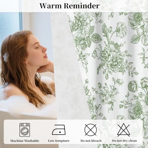 No Hook Cottagecore Floral Shower Curtain with Snap in Liner | 71x74 Inch, Sage Green Floral Shower Curtains for Farmhouse Bathroom, Waterproof Fabric Bath Curtain with Mesh Top Window - color: Green Floral