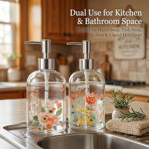 Topadorn Glass Soap Dispenser Set of 2, 17oz Refillable Hand & Dish Soap Dispensers with Pump, Decorative Floral Soap Bottles for Kitchen & Bathroom Counter - color: Pink Soft Pink