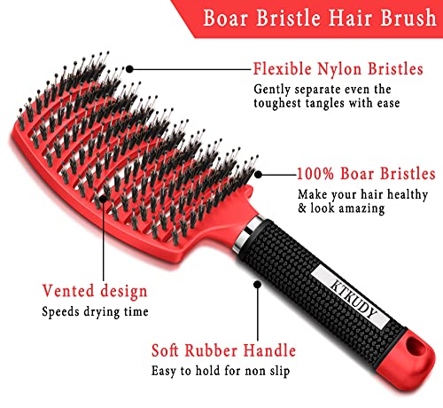 KTKUDY Detangling Brush Boar Bristles Hair Brush Make Hair Shiny & Healthier Curved and Vented Detangler Brush for Women Men Kids Wet and Dry Hair (Red) - color: Red