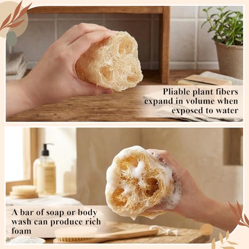 24 Pcs Mini Natural Loofah Sponges, 12 Pcs 2 Inch Single Wrapped Egyptian Loofah Bath Sponge with 12 Travel Pouches, Exfoliating Shower Scrubber for Body Face Skin Care & Kitchen Cleaning