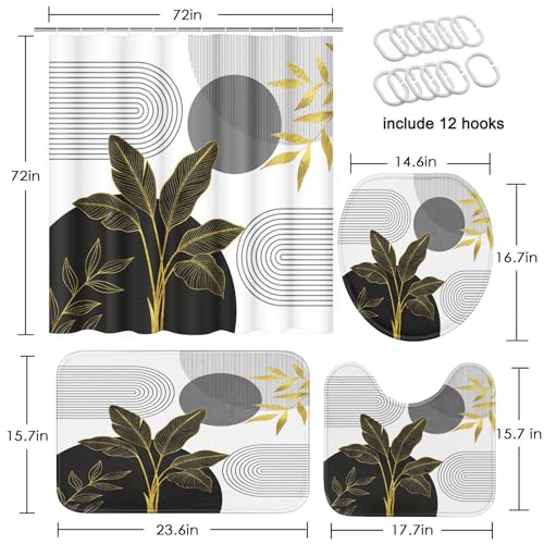 Boho Grey and Gold Shower Curtain Set with Toilet Lid Cover and Non-Slip Rugs, Mid Century Modern Abstract Minimalist Leaves Neutral 4 Pcs Shower Curtain for Bathroom Set with 12 Hooks - color: Retro Grey Gold