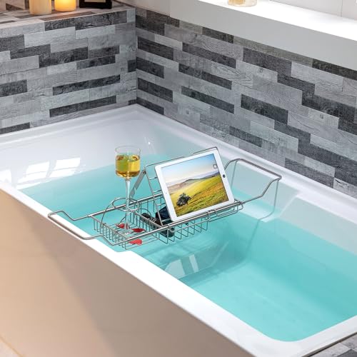 Woodbridge Stainless Steel Extendable Bathtub Caddy Tray in Brushed Nickel Finish with Removable Wine Holder, Book and Phone Rack, Bathcad-BN - color: Brushed Nickel