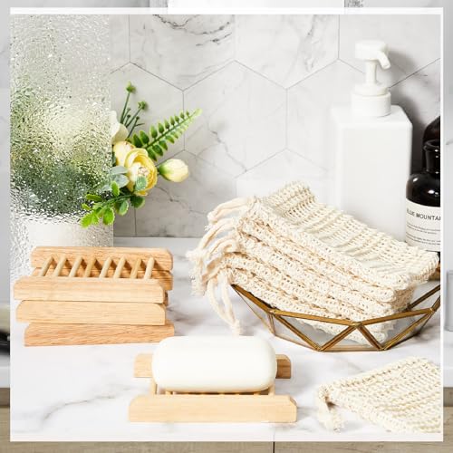 Rtteri 120 Pcs Soap Saver Bags & Bamboo Soap Holder Set Exfoliating Sisal Soaps Washing Bags Self Draining Wooden Bar Soaps Dish for Shower Bath Toilet Kitchen Restaurant