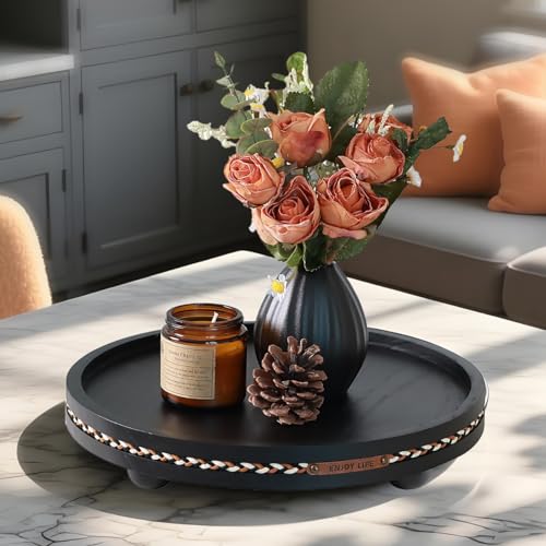 Farmhouse Decorative Round Tray, 11.81 Inch, Versatile Centerpiece Tray for Coffee Table Kitchen Living Room Bathroom, Home Decor Accent Black with Stripes - color: Black With Stripes