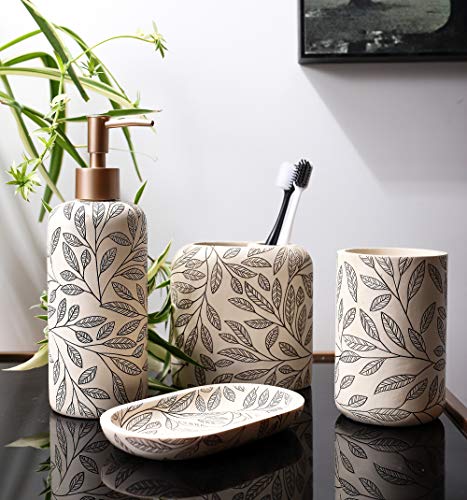 Hymmah Bathroom Accessories Set,Toothbrush Holder,Farmhouse Bathroom Decor,4 Pcs Resin Gift Set Apartment Necessities, Contain Toothbrush Cup,Soap Dispenser,Soap Dish,Tumbler - color: Leaf Grey Yellow