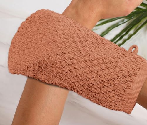 COTTON CRAFT Bath Mitt - 6 Pack Euro Spa Waffle 100% Cotton Towel Mitts | Large 5.5x10 inches Mocha Exfoliating Gloves - Sensitive Skin Friendly - Body Bath Shower Glove Washcloth with Hanging Loop - color: Mocha - Bath Mitt