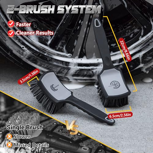 BMLEI Wheel & Tire Brush Set, 2 Pack Car Wheel Brush & Tire Cleaner Brushes, Soft Bristle Rim Brush and Stiff Tire Scrub Brush, Scratch-Free Wheel Cleaning Kit for Car Detailing, Trucks, SUVs - color: Gray&black