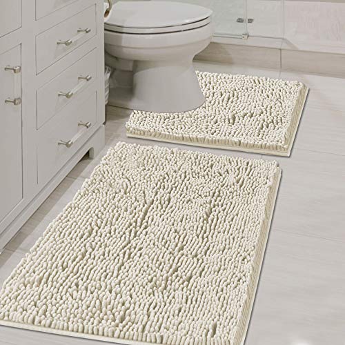 H.VERSAILTEX Bathroom Rugs Luxury Chenille Mat Set, Soft Plush Shower Rug + Toilet Mat, Microfiber Shaggy Carpet, Super Absorbent Mats, Machine Washable Bath Mat Curved Set, 32" x 20"/20" x 20", Cream - color: Ivory, size: 20" x 32" Plus 20" x 20"