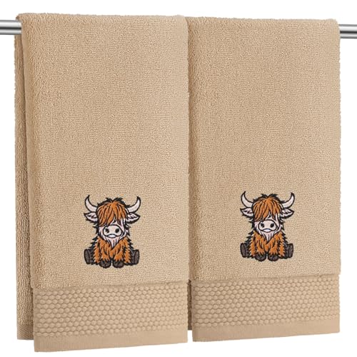 SmoothNovelty 2 Pcs Baby Highland Cow Hand Towels Khaki Bathroom Decor 14x29 Inch Embroidered 100% Cotton Soft Absorbent Spring Summer Decorative Hand Towels for Bathroom Kitchen - style: Highland Cow