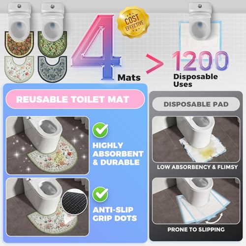 Washable Commode Potty Training Mats, Super Absorbent Reusable Toilet Training Rug for Kids, Leak-Proof & Non-Slip Adult Incontinence Toilet Mat, Bathroom Floor Protector Pads 4 Pack - color: Flowers