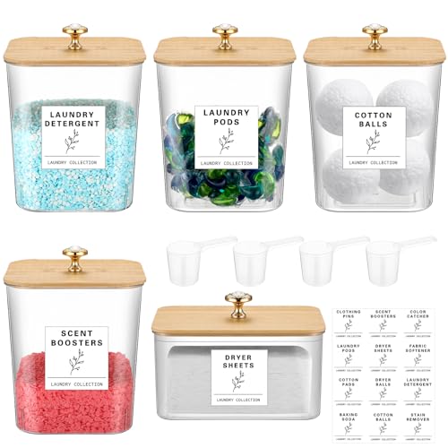 Reallnaive 5 Pcs Laundry Pods Container and Dryer Sheet Holder, 3L Laundry Room Organization Storage Containers with Lids and Labels for Detergent Powder Organizer, Scent Booster, Powder