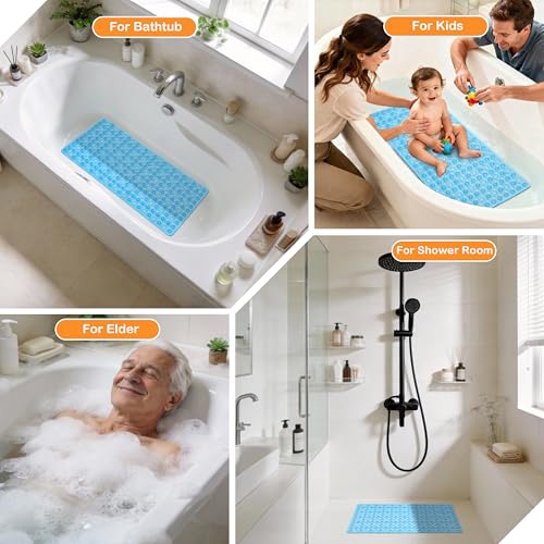 Yimobra Bathtub Mat Non Slip, 34.5"X15.5" Long Shower Mat for Inside Shower, Machine Washable Bath Mat with Drain Holes & Strong Suction Cups, Soft on Feet, Bathroom Essentials, Clear Blue - color: Clear Blue, size: 34.5 X 15.5 Inch