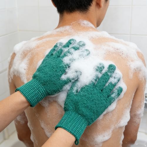 Exfoliating Bath Gloves 2 Pairs - Heavy Texture Body Scrub Gloves for Shower, Spa, Massage and Body Scrubs, Dead Skin Remover, Washing Gloves with Hanging Loop(Dark Green) - color: Green1