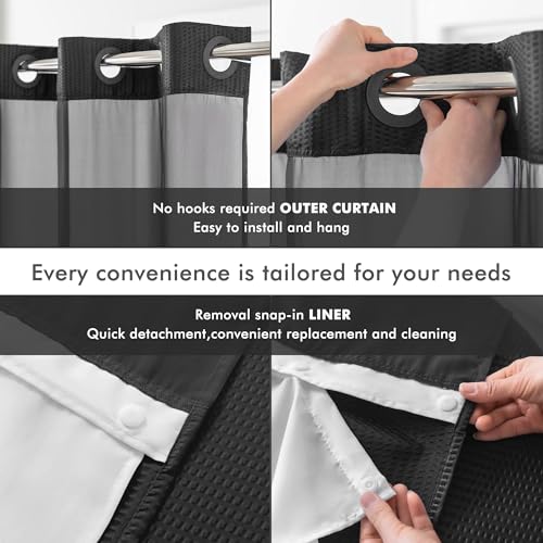 Mrs Awesome No Hook Shower Curtain with Snap-in Liner Less Time On/Off, Embossed Waffle-Look Textured Fabric Shower Curtain for Bathroom, Soft & Lightweight, 71x74, Black - color: Black, size: 71"W x 74"L (Pack of 1)