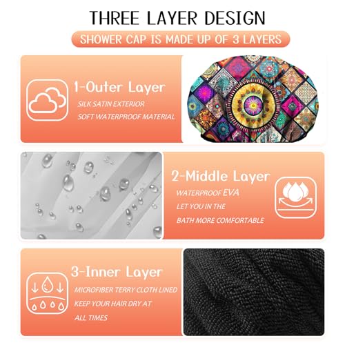 Luxury Shower Cap Terry Lined Reusable Triple Layer Waterproof Hair Elastic Caps Shower Bath Hat for Women Girls Cute Aesthetic-Mandela - color: AL9-Mandela