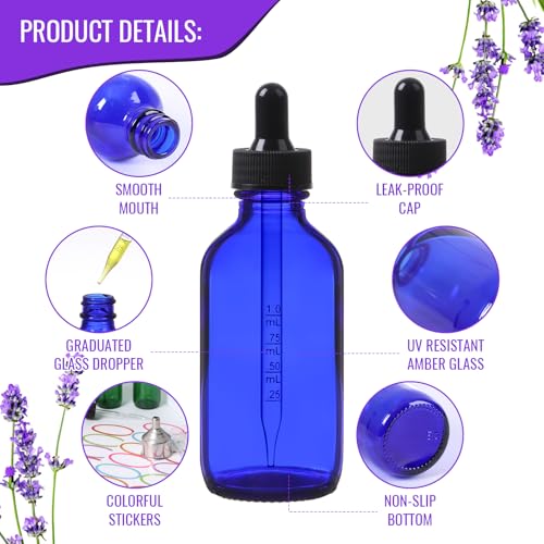 AuroTrends Glass Dropper Bottle 2 oz 24Pack, Blue Glass Tincture Bottles with Dropper, Funnel, Stickers, Plastic Graduated Pipette - color: Blue, size: 2fl.oz-24Pack