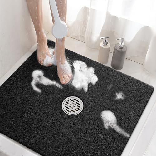 HITSLAM Square Shower Mat, 24 x 24 Inch Non Slip Bath Mat for Tub, Soft PVC Loofah Bathtub Mats with Drain Holes, Quick Drying Bathroom Stall Floor Mat, Bathroom Accessories Without Suction Cup, Black - color: Black, size: 24" x 24" (Square)