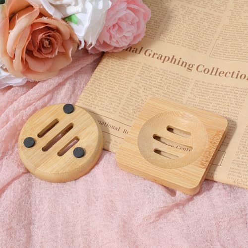 Ymapinc 2-Pack Bamboo Soap Holder, Round+Square for Home Shower Bathroom | Natural Bamboo Soap Dish & Shower Steamer Holder, Wood Tray