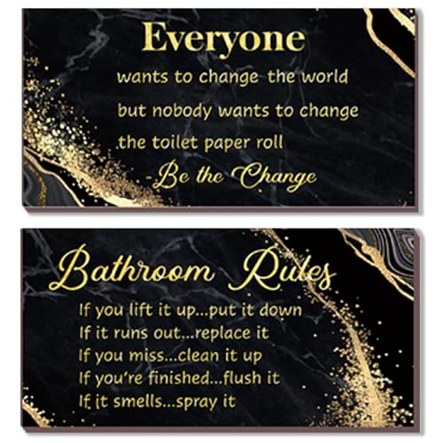 DONFENTHY 2 Pieces Black Gold Bathroom Decor Bathroom Rules Wall Art Rustic Farmhouse Rules Wooden Sign for Toilet Decor (Black Gold 12x6") - color: Black