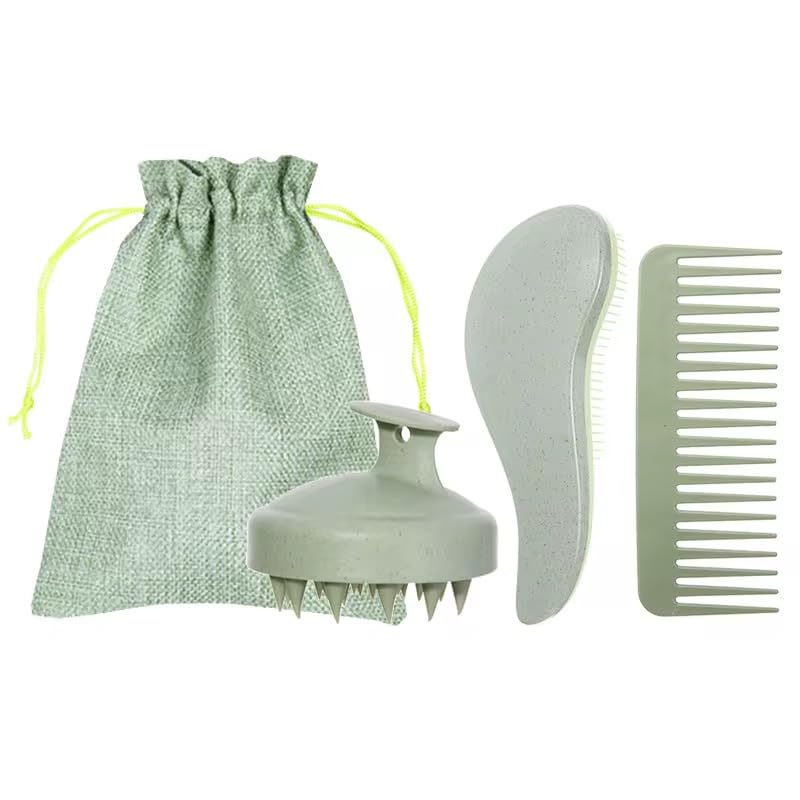 3-in-1 Hair Care Set – Detangling Brush, Wide Tooth Comb & Scalp Massager Brush | Reduces Breakage, Stimulates Scalp & Promotes Healthy Hair Growth – for Curly, Coily, Natural & Straight Hair (Green) - color: Green
